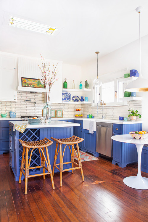 Azure blue craftsman kitchen with open shelves