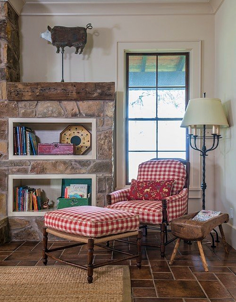 rustic family room with red plaid chair