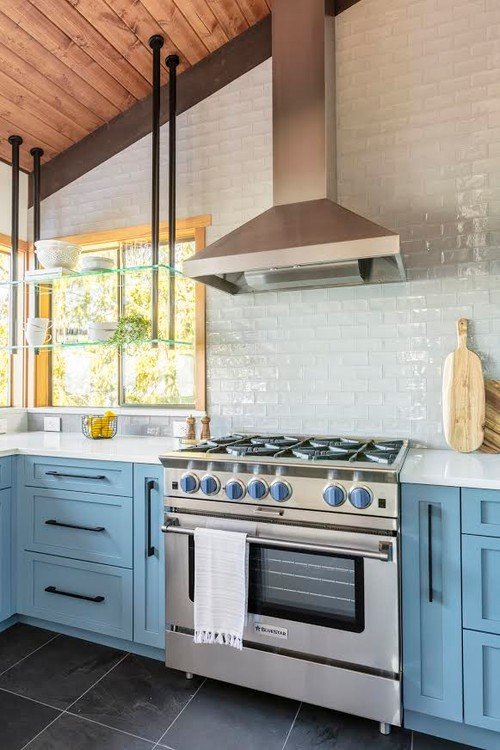 Light blue shaker kitchen cabinets in contemporary style kitchen
