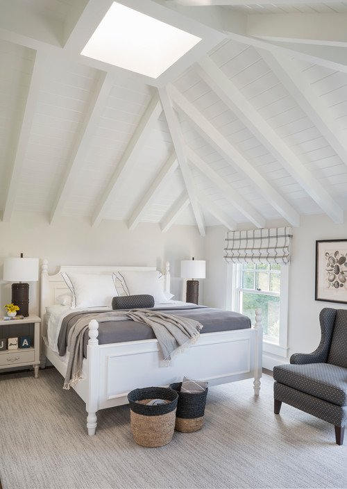 White Vaulted Ceiling in Farmhouse Style Bedroom