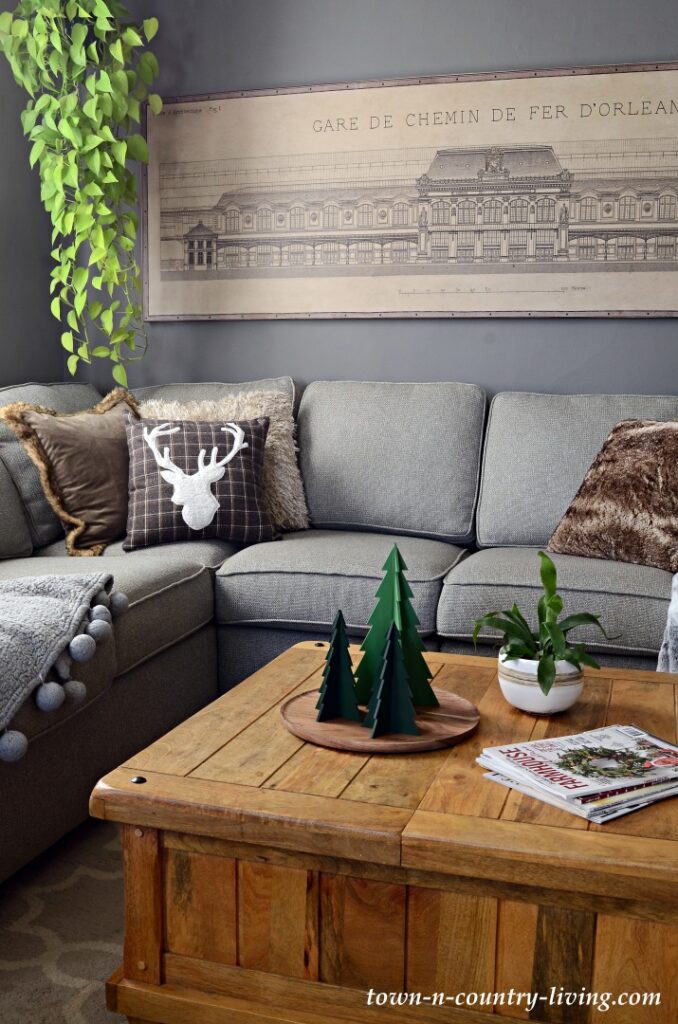 Dark Gray Family Room with Sectional and Large Architectural Print