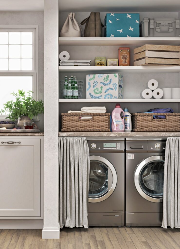 Laundry room organization with shelves and baskets