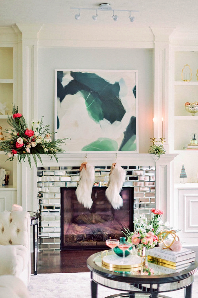transitional living room in pastels at Christmas