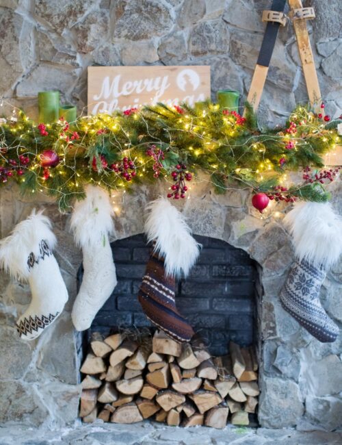 Christmas fireplace with socks and decorations
