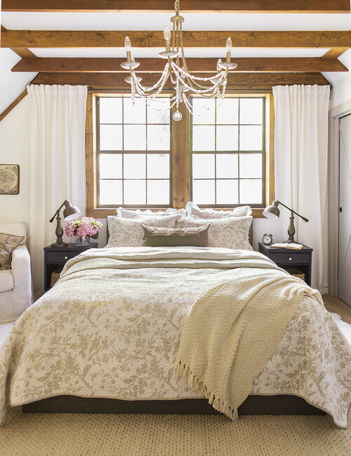 Cottage Style Master Bedroom with Chandelier
