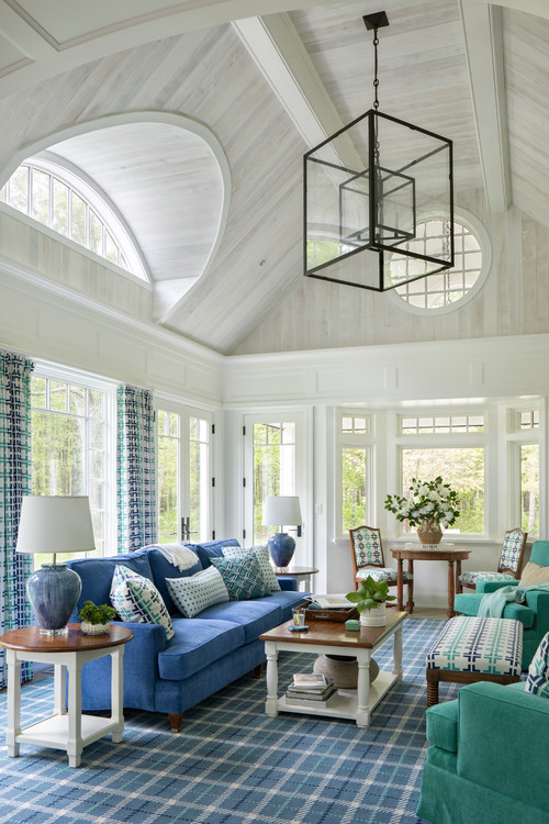 Beach Style Living Room with Vaulted Ceiling