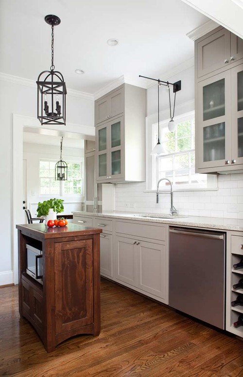 Small Kitchen in Neutral Tones with Natural Wood Kitchen Island