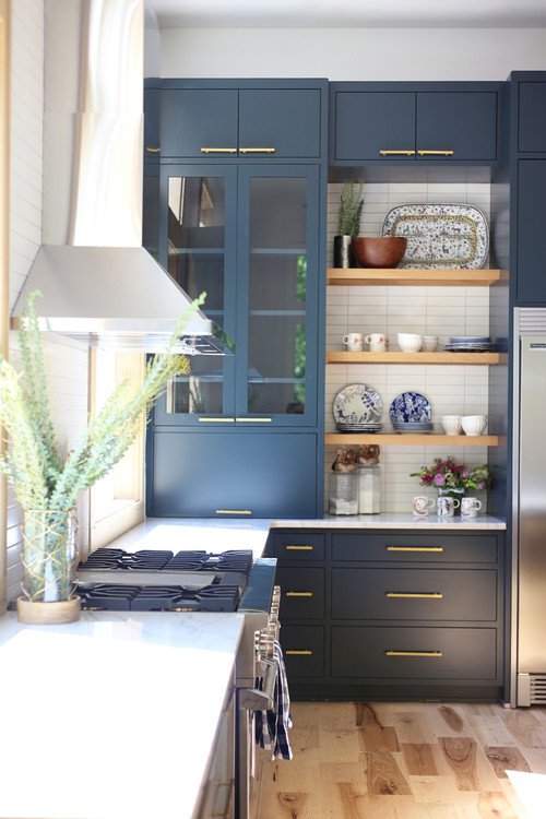 Transitional Kitchen with Rich, Navy Blue Cabinets