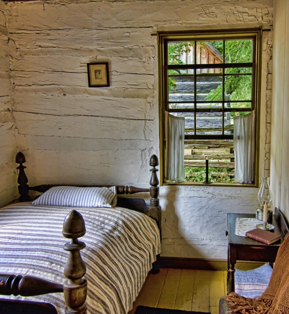 Country Style Bed in Log Cabin Bedroom