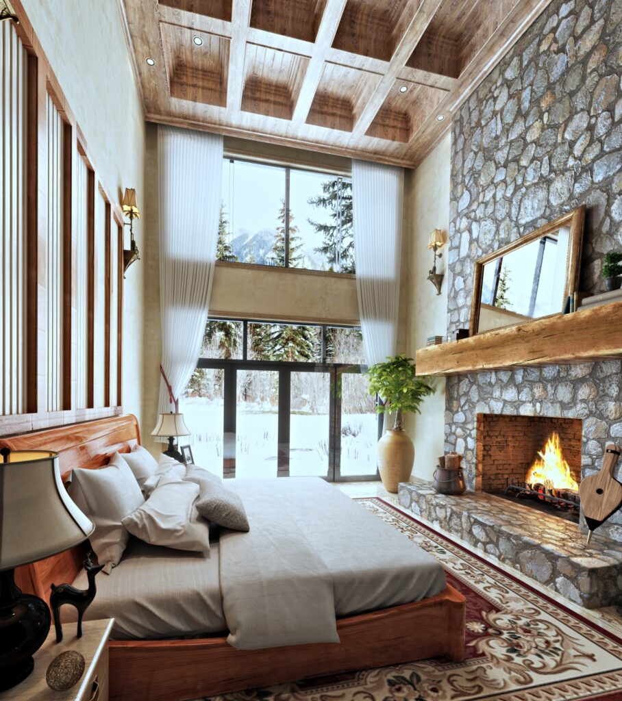 Elegant Cabin Style Bedroom with Fireplace