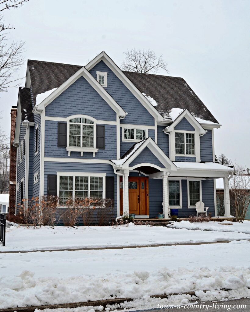 Beautiful Blue Custom Home Exterior During Winter
