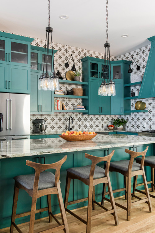Teal-Colored Kitchen Cabinets Create Cheer
