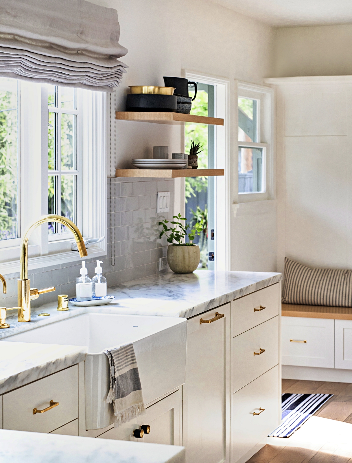 White Beach Style Kitchen with Blue Wallpaper - Town & Country Living