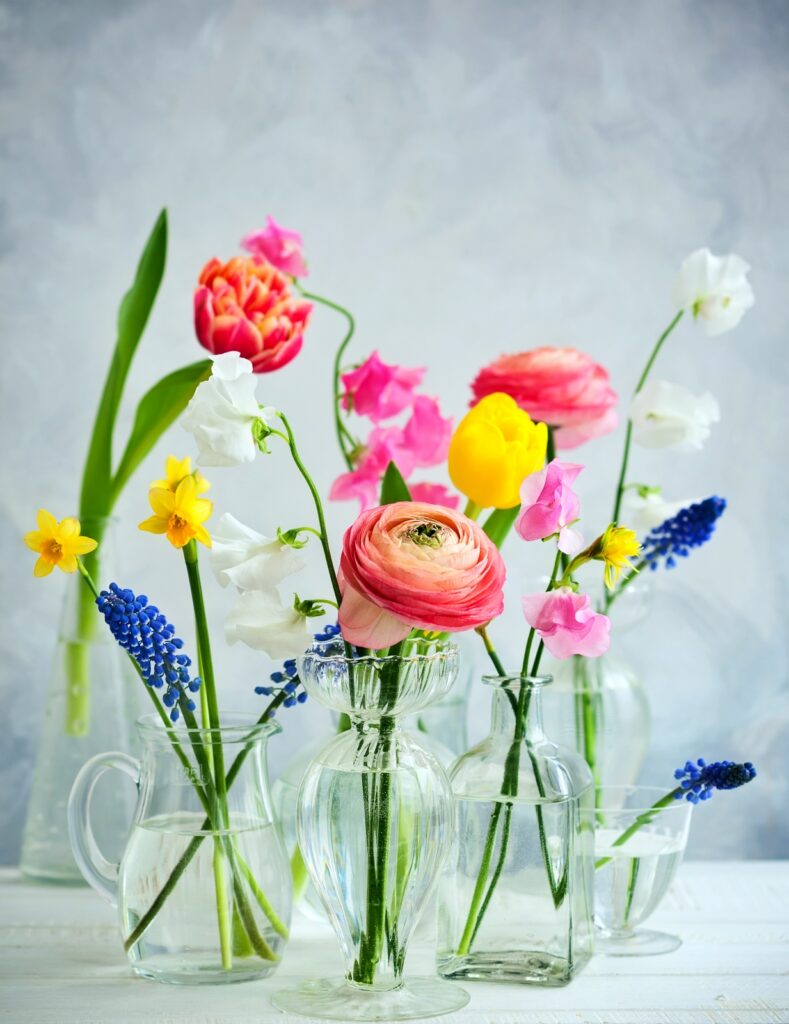 Beautiful flowers bouquets in glass vases on the wooden table.Tulips,roses,muscari, narcissus, eustoma and hyacinths