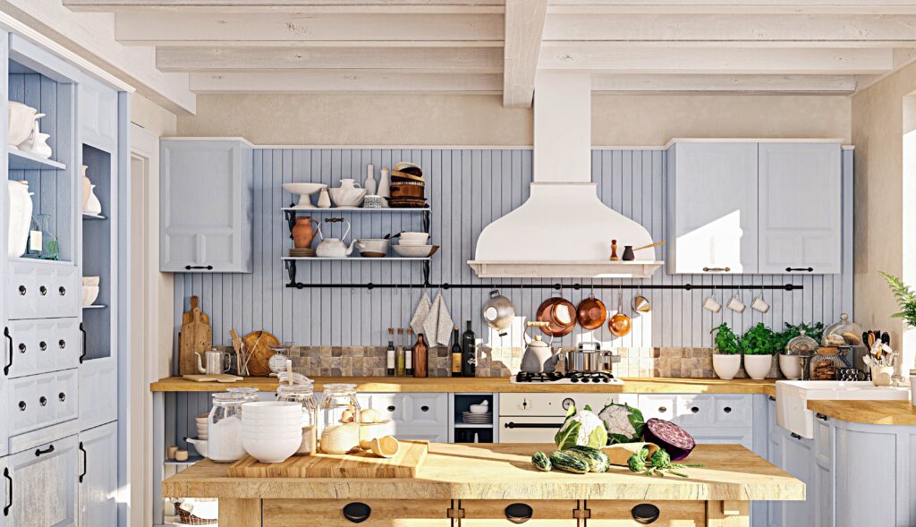 Scandinavian Cottage Style Kitchen in Pale Blue and White