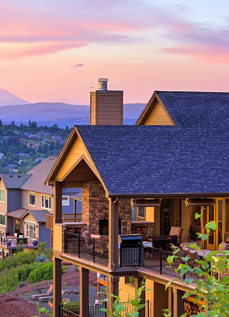 Sunset View with Mount St Helens from deck of luxury homes in Happy Valley Oregon in Clackamas County