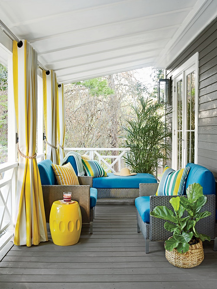 beach style porch in blue and yellow