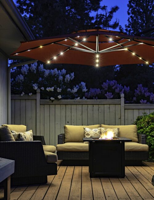 Backyard Deck Umbrella Summer Scene at Twilight