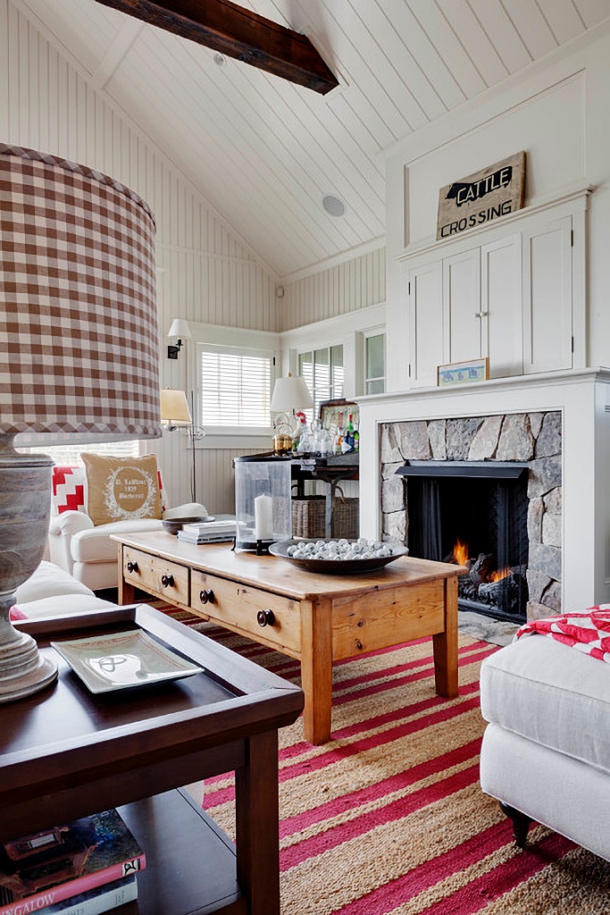 red and white living room with fireplace