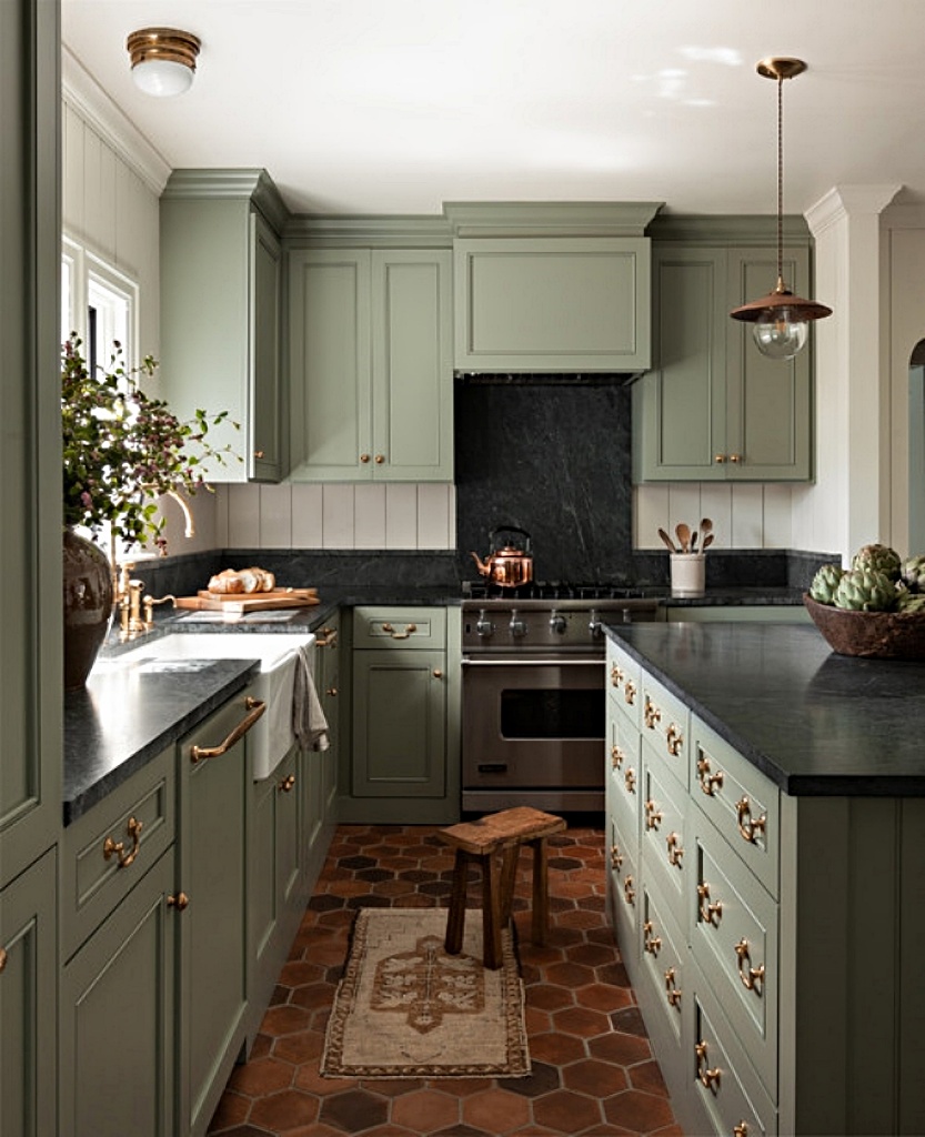 green cabinets in traditional kitchen