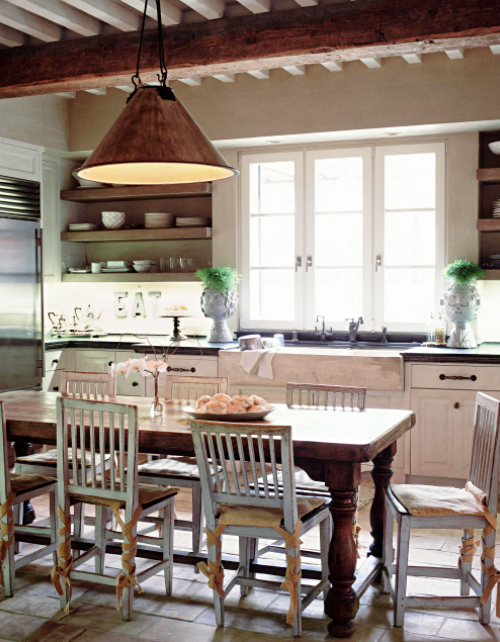 Vintage French Kitchen with Dining Area and Copper Pendant Light