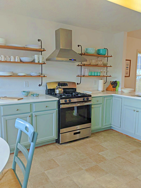 Beach Cottage Kitchen with Light Blue-Green Cabinets