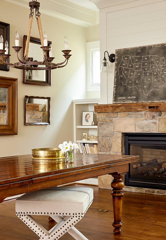 small dining room with stone fireplace