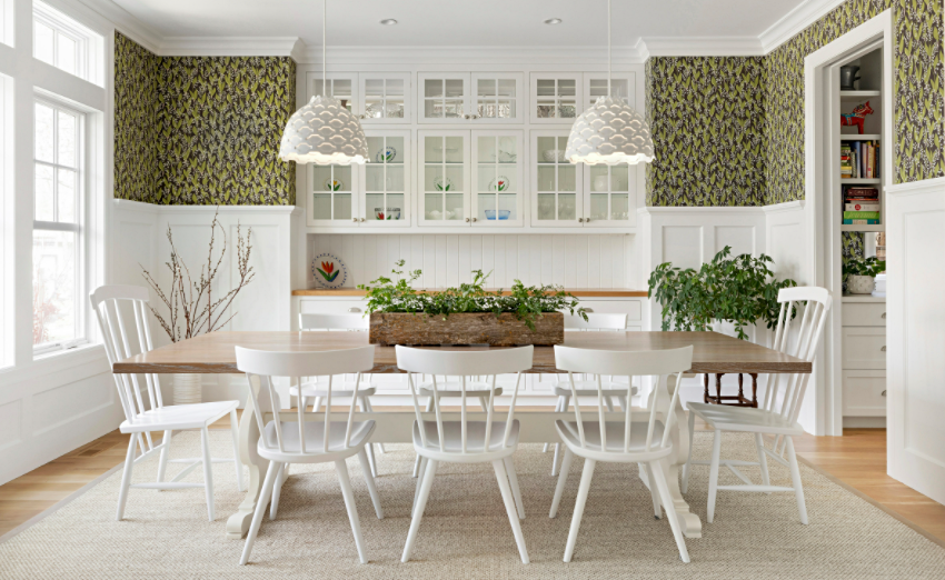 White board and batten with green wallpaper in transitional dining room