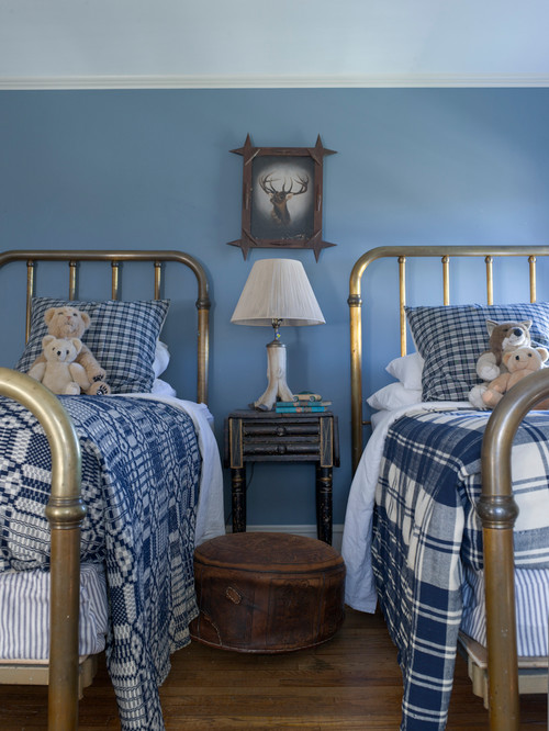 blue country bedroom with twin beds