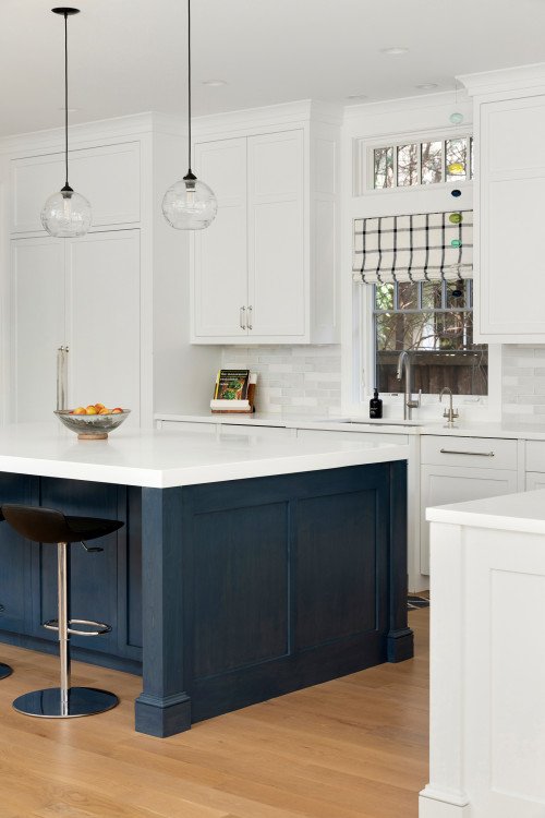 White and Navy Blue Transitional Kitchen