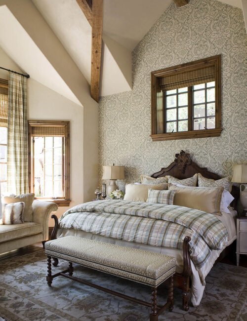 country neutral plaid and patterned bedroom