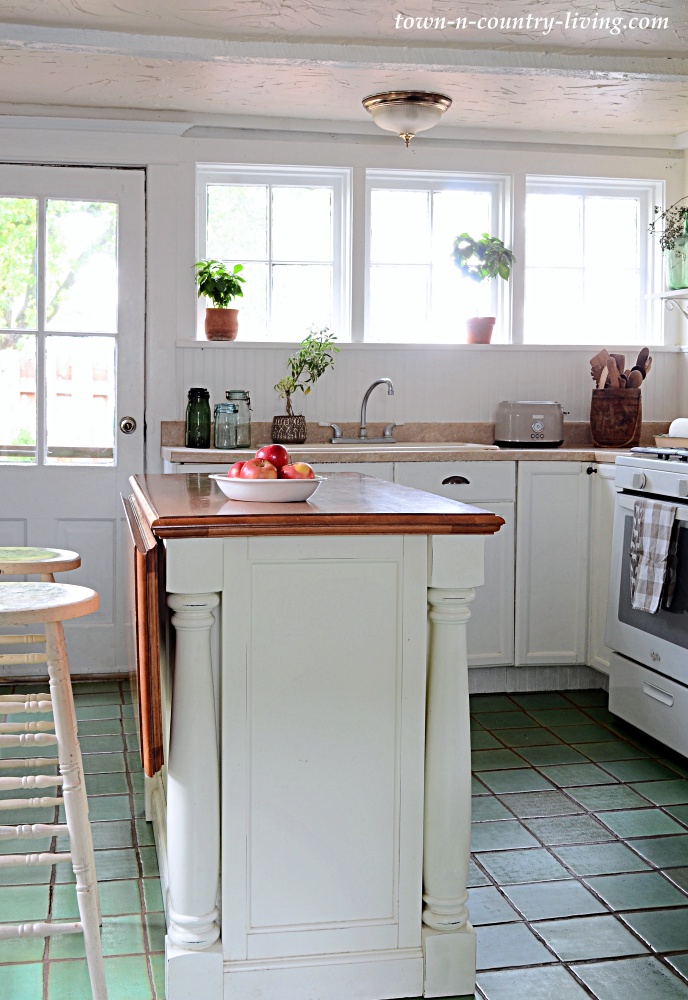 Green and white farmhouse kitchen