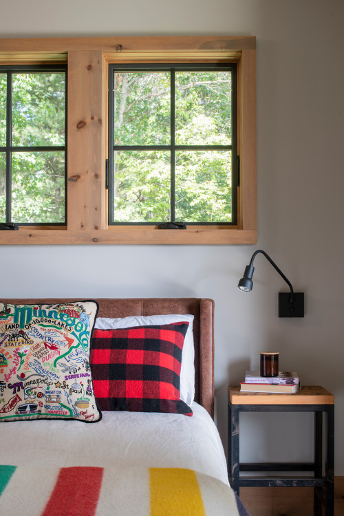 modern lakefront cabin bedroom