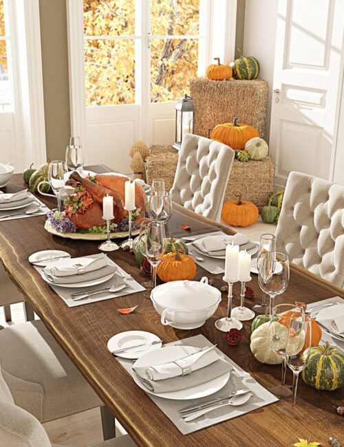Warm and neutral Thanksgiving table idea in beautiful dining room