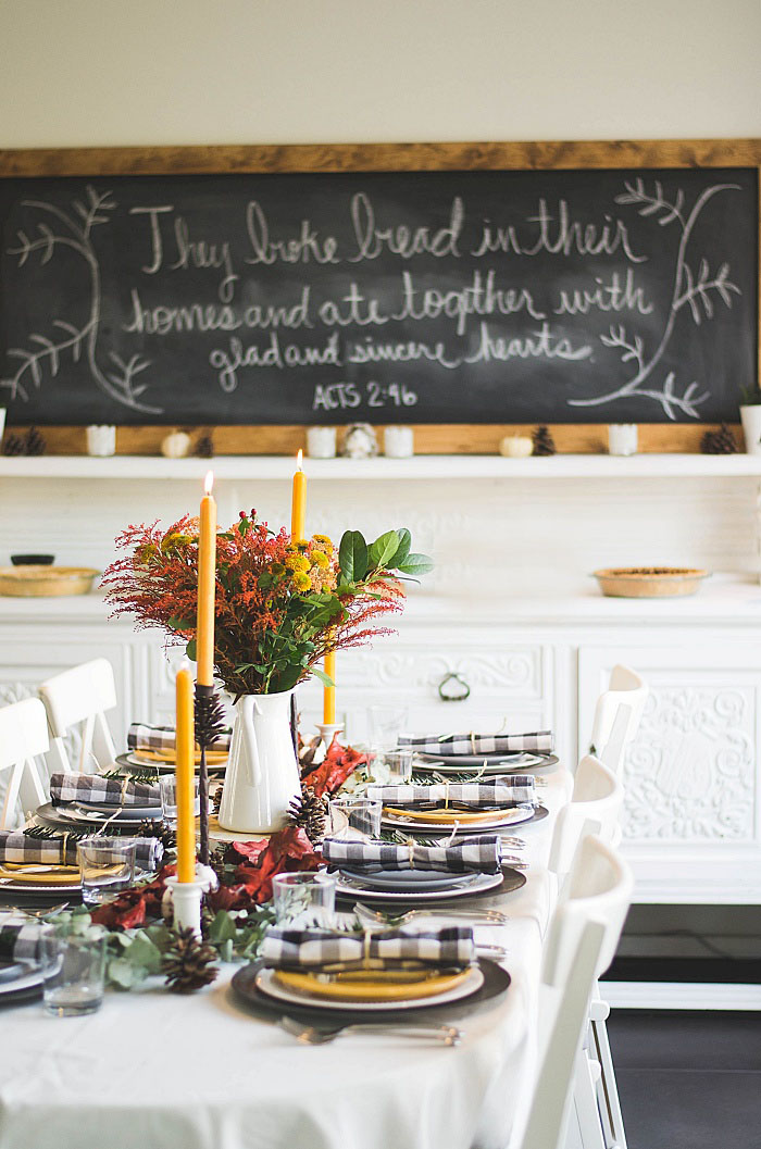 Farmhouse table set for Thanksgiving Day