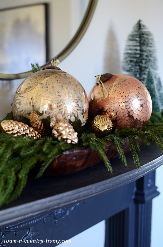 Christmas Mantel with Garland and Mercury Glass Ornaments