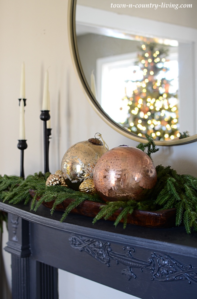 Christmas Mantel with Garland and Mercury Glass Ornaments