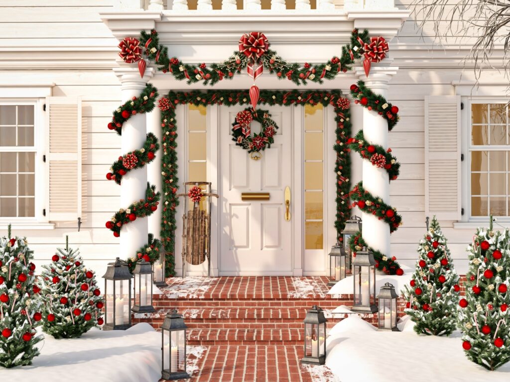 White house with festive Christmas porch