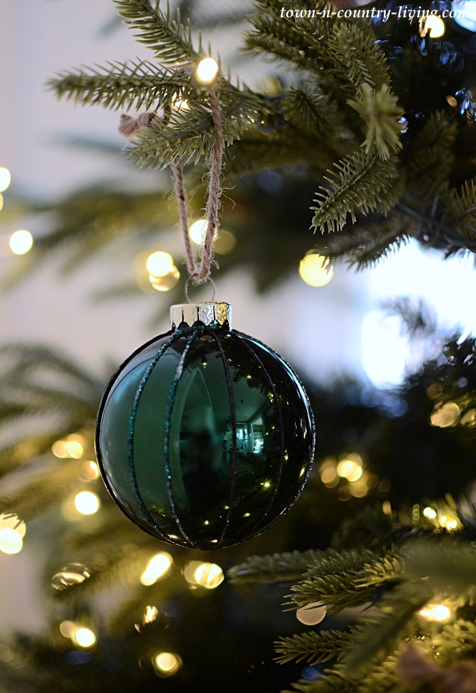 Dark Green Globe Ornament on a Modern Country Christmas Tree