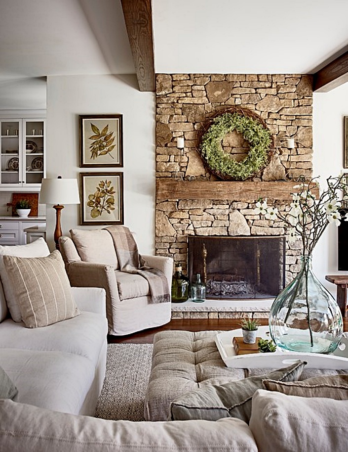 Neutral Living Room with a Stone Fireplace
