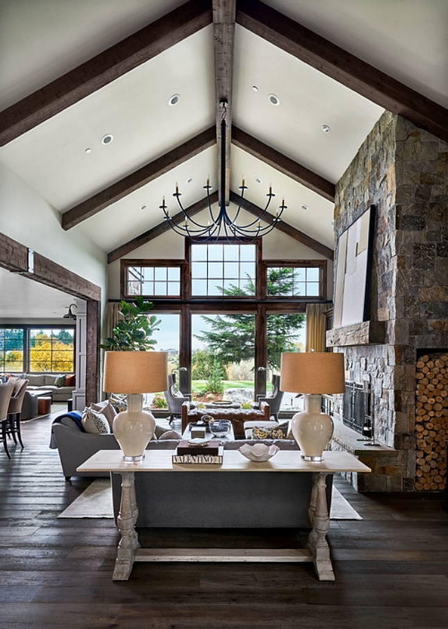 Family Room with Vaulted Ceiling and Stone Fireplace