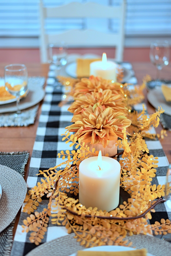Thanksgiving tablescape with buffalo check table runner