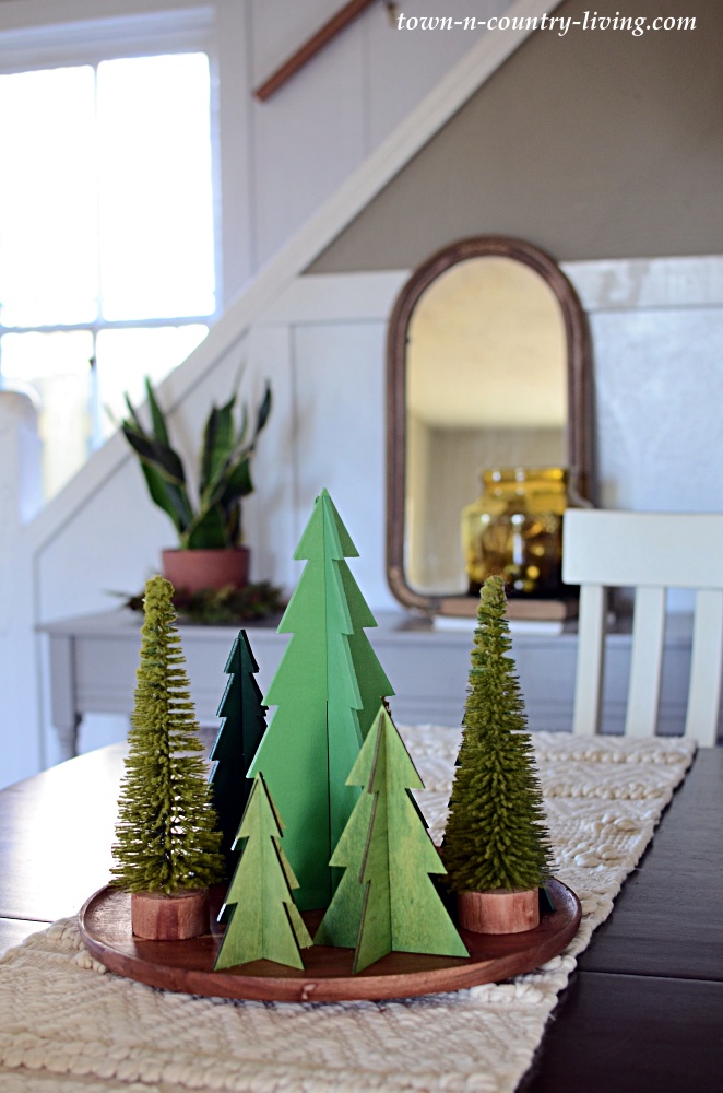 Bottle Brush and Wooden Christmas Trees on a Round Wood Platter