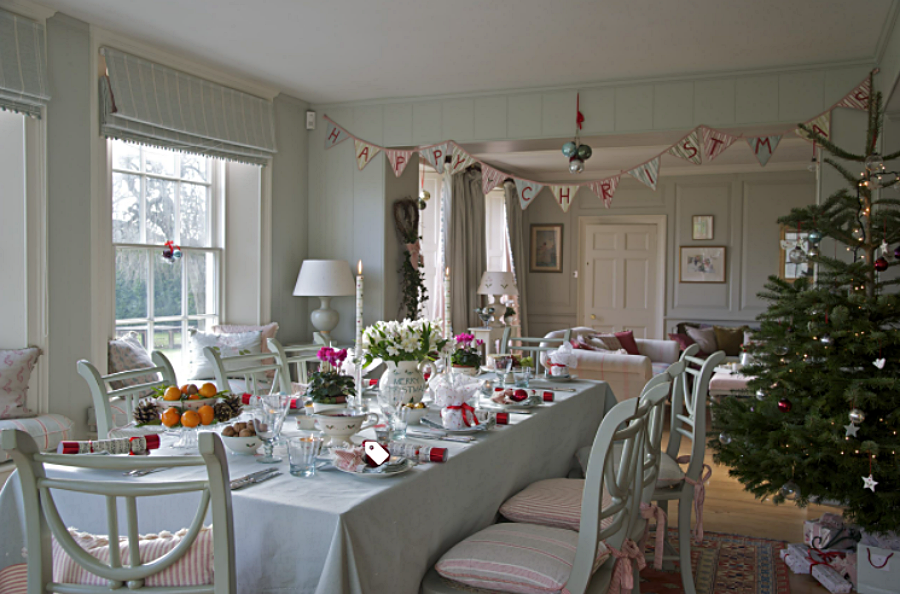 English Country Dining Room Decorated for Christmas