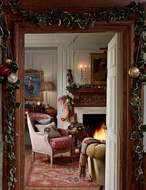 English Country Living Room Decorated for Christmas