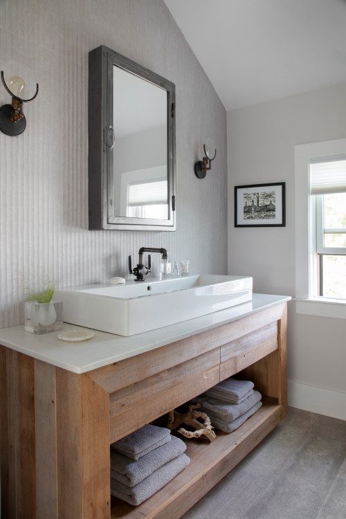 Coastal style bathroom in light wood, pale gray, and white