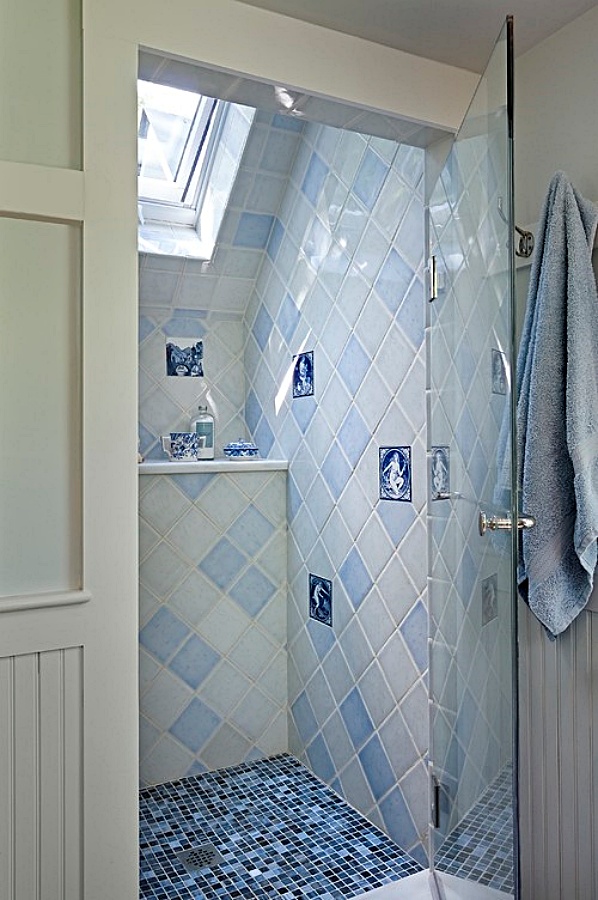 Custom blue and white walk-in shower