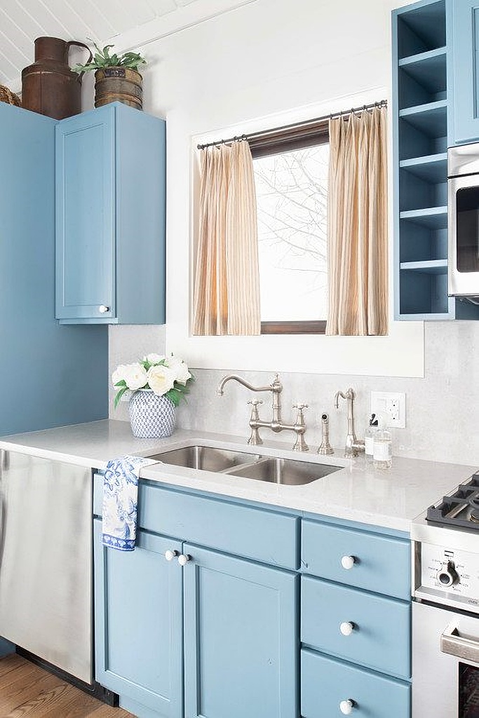 blue and white cabin kitchen