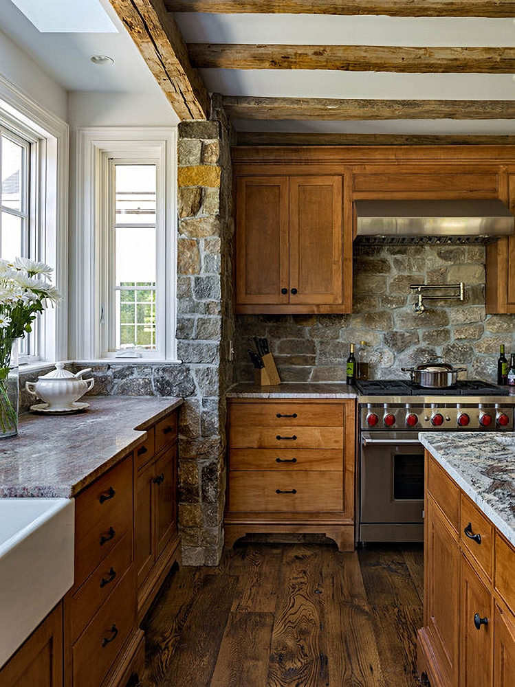 Earthy Kitchen Ideas - wood cabinets and stone wall