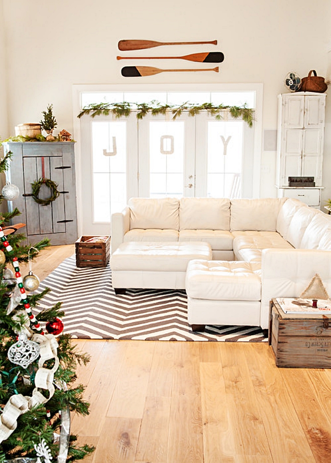Farmhouse Christmas decorations in a white family room